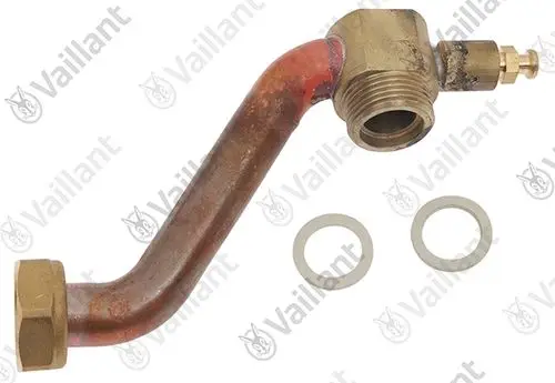 Vaillant Rohr mit einem gebogenen Ende, ausgestattet mit einem Gewindeanschluss und zwei Dichtungen.